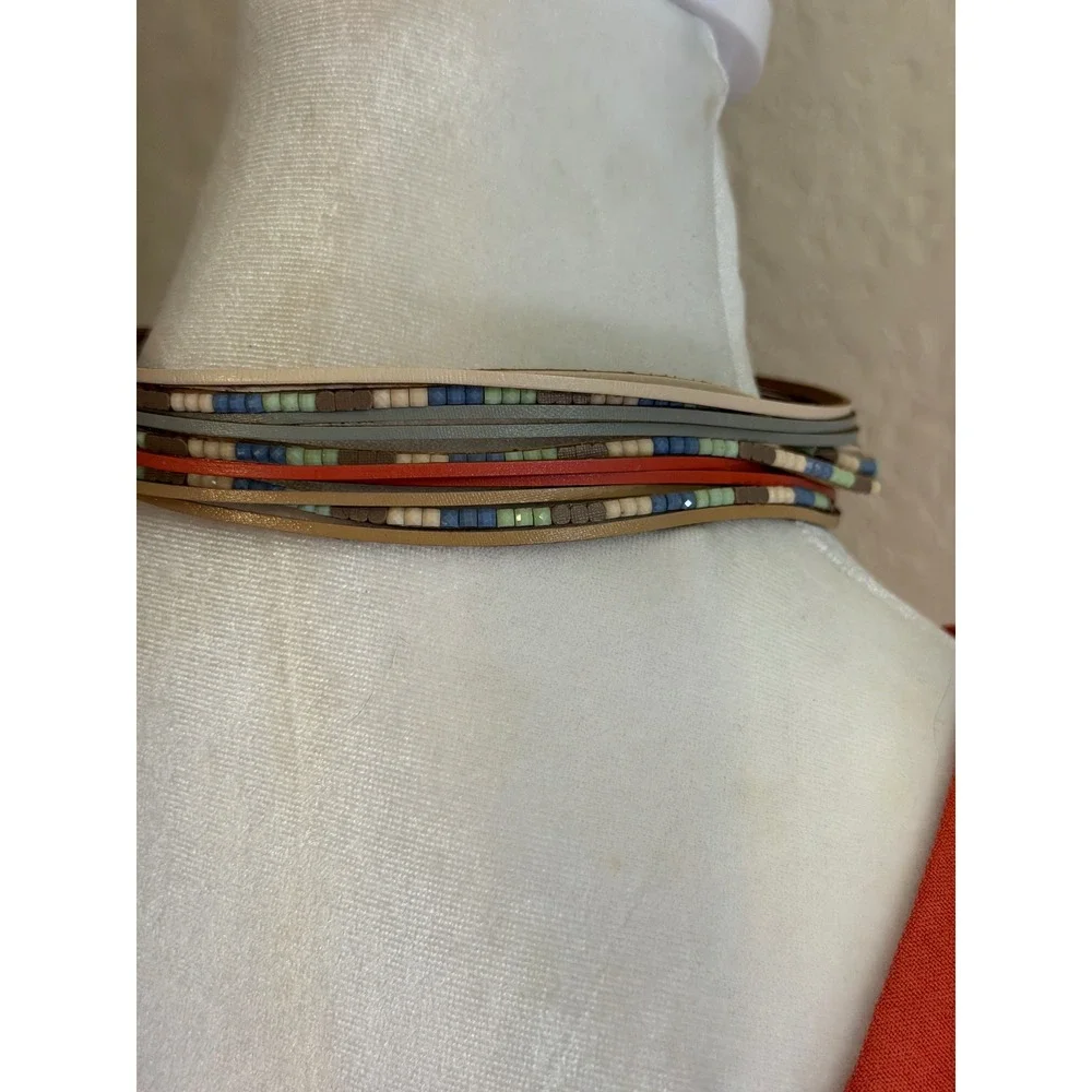 Multi-Strand‎ Leather Beaded Choker Necklace Womens Multicolor Boho